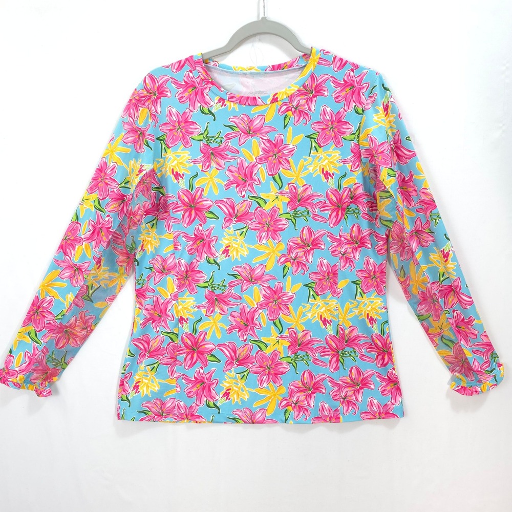 X by Gottex Floral Top Women L Long Sleeve‎ Mesh Blue Pink Tropical Preppy